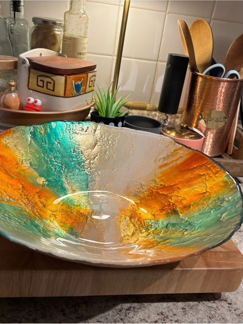 Decorative Multicolor Glass Serving Bowl - Green, Orange, Gold